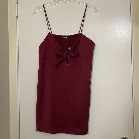NEW! Motel Rocks roppan slip burgundy tie front mini slip dress size Large - Picture 4 of 7